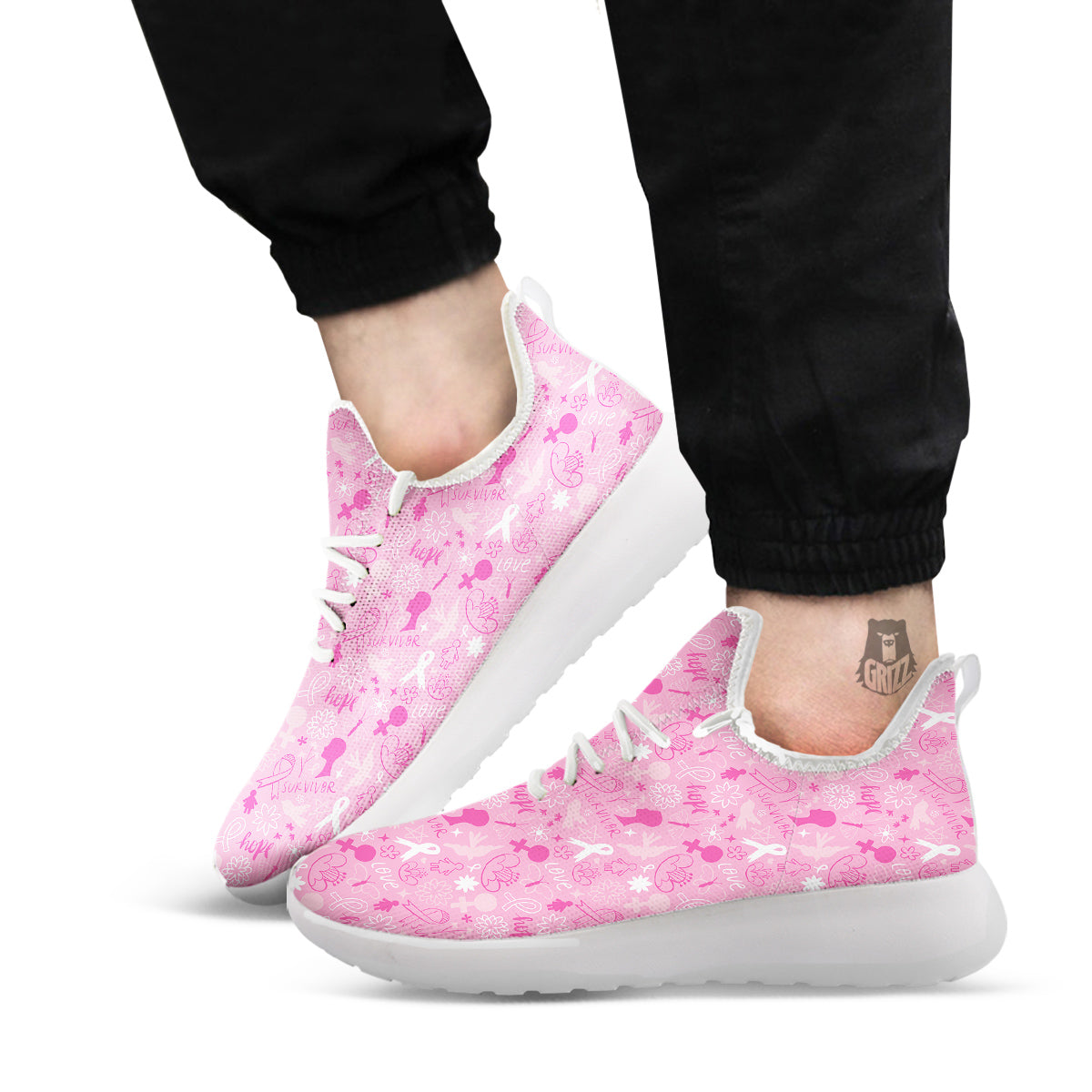 Breast Cancer Cute Pink Print Pattern Cute White Athletic Shoes-grizzshop