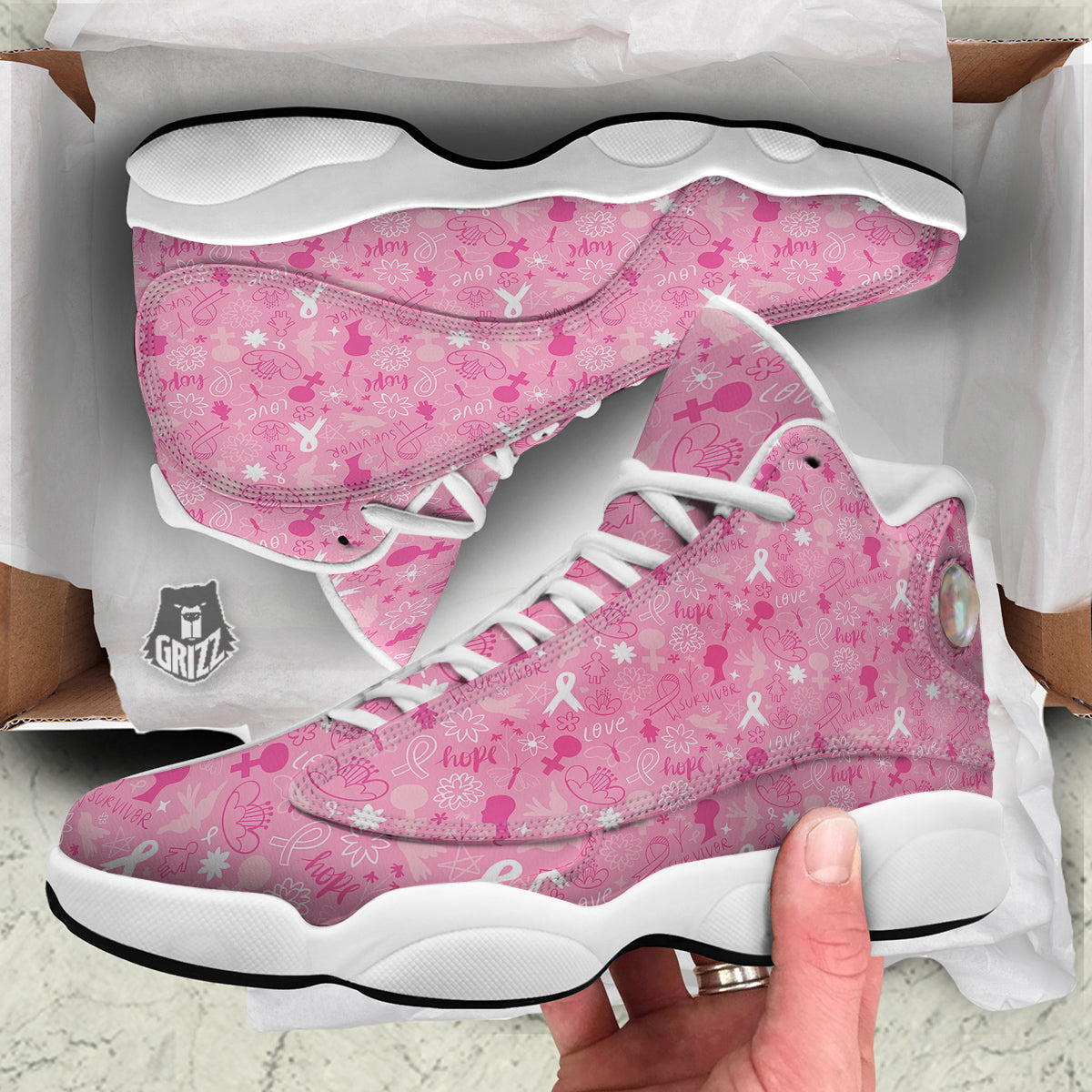Breast Cancer Cute Pink Print Pattern Cute White Basketball Shoes-grizzshop