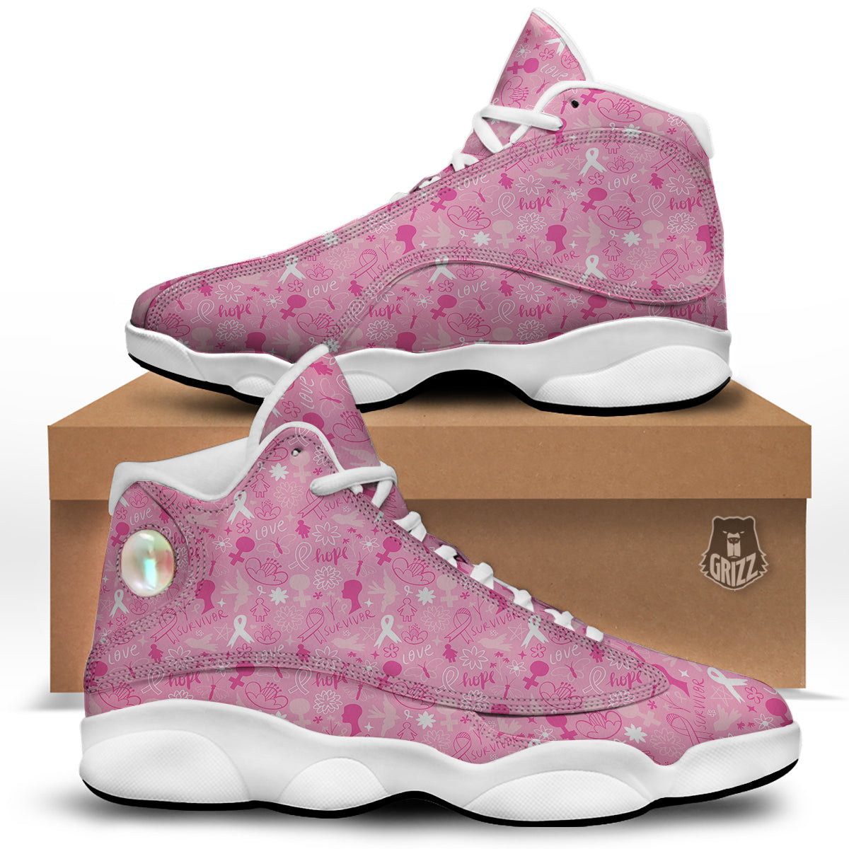 Breast Cancer Cute Pink Print Pattern Cute White Basketball Shoes-grizzshop