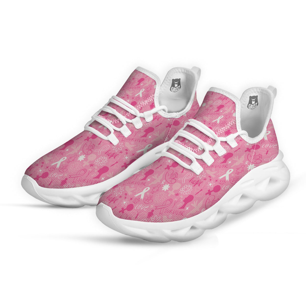 Breast Cancer Cute Pink Print Pattern Cute White Running Shoes-grizzshop