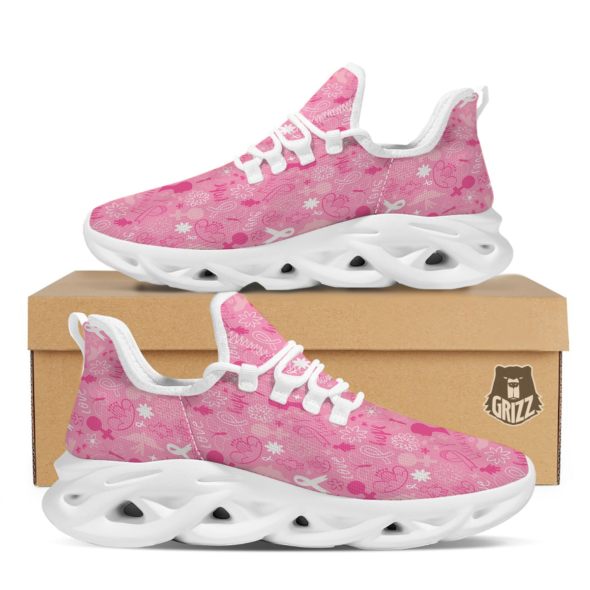 Breast Cancer Cute Pink Print Pattern Cute White Running Shoes-grizzshop