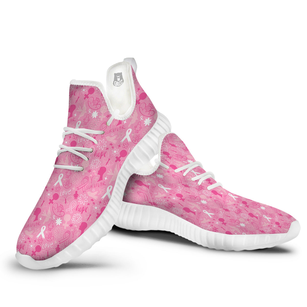 Breast Cancer Cute Pink Print Pattern Cute White Walking Shoes-grizzshop