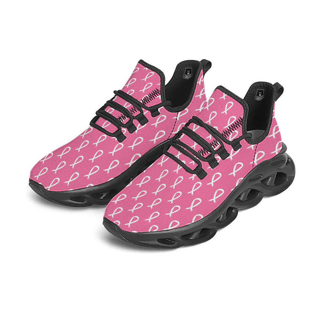 Breast Cancer Pink And White Print Pattern Black Running Shoes-grizzshop