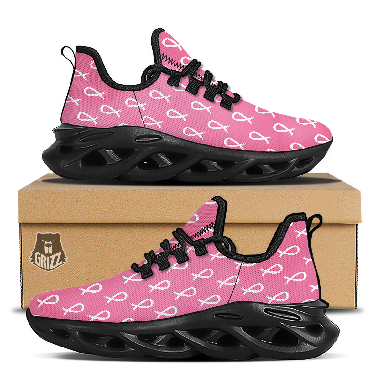 Breast Cancer Pink And White Print Pattern Black Running Shoes-grizzshop