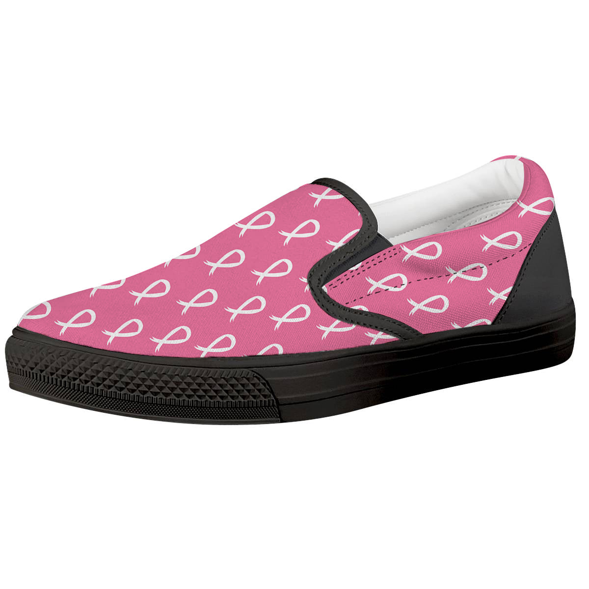 Breast Cancer Pink And White Print Pattern Black Slip On Shoes-grizzshop