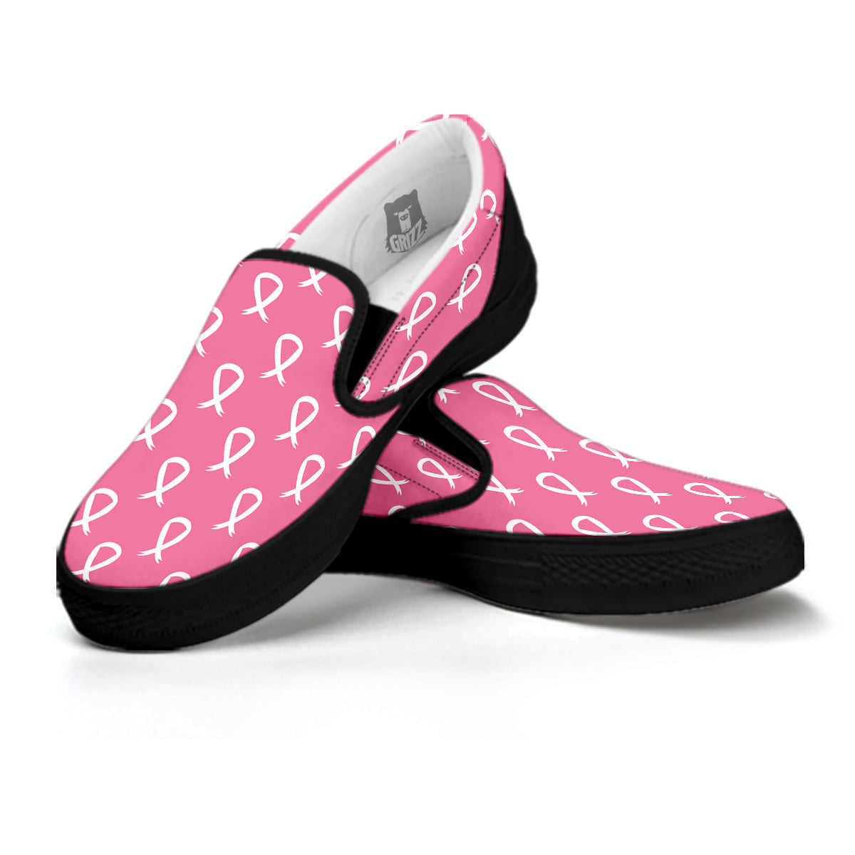 Breast Cancer Pink And White Print Pattern Black Slip On Shoes-grizzshop
