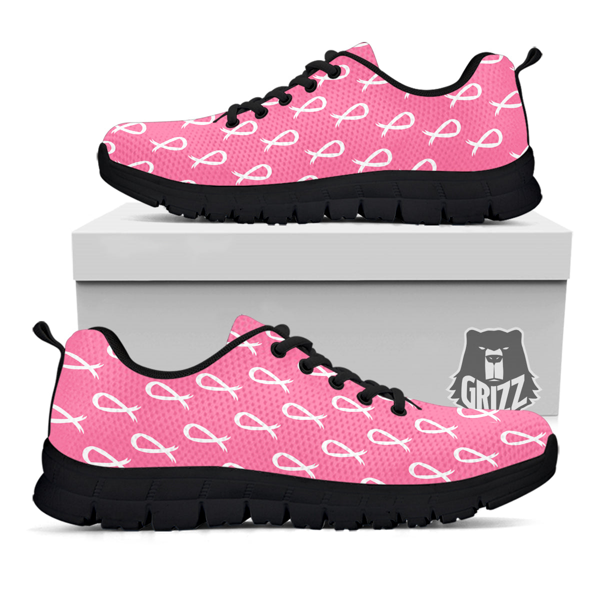 Breast Cancer Pink And White Print Pattern Black Sneaker-grizzshop