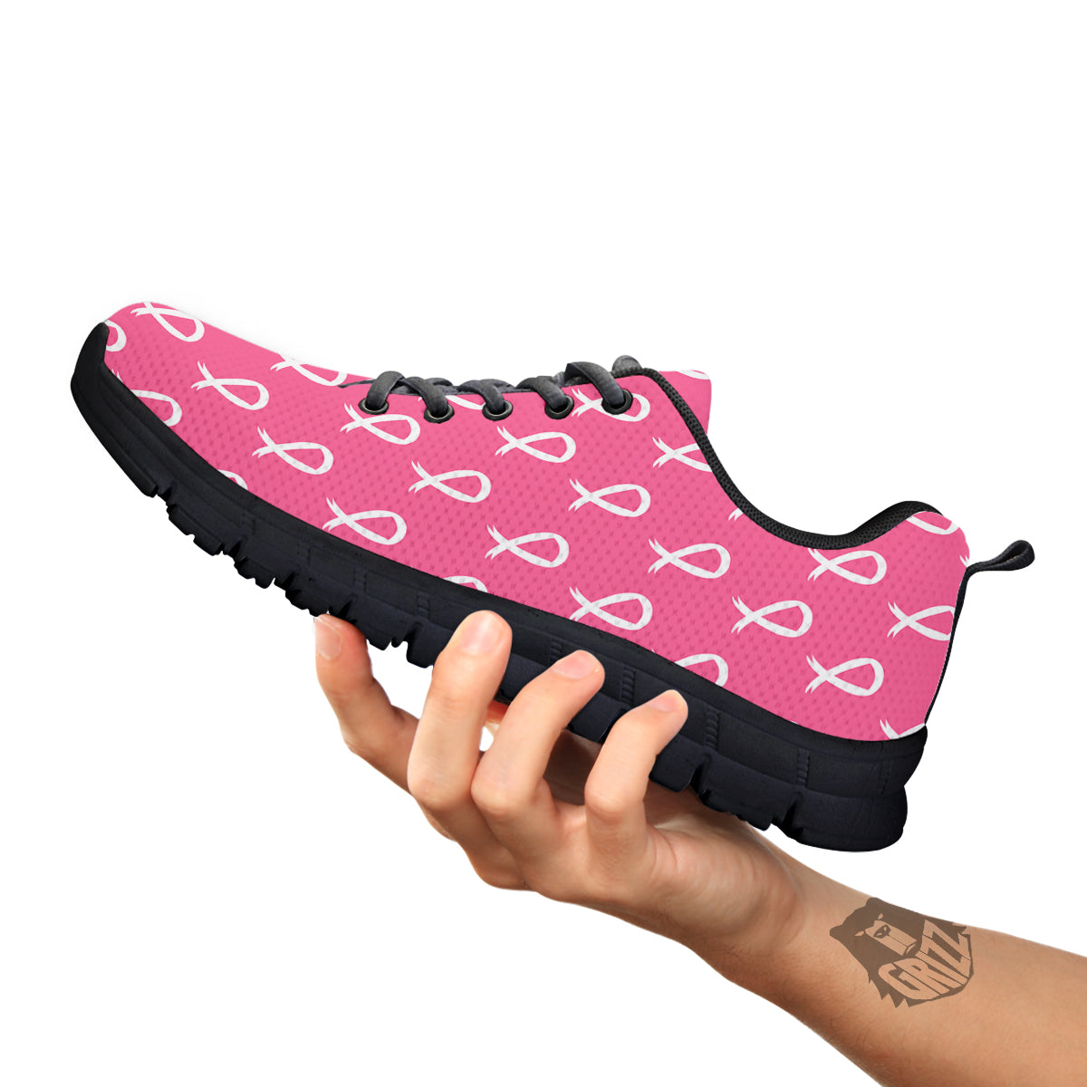 Breast Cancer Pink And White Print Pattern Black Sneaker-grizzshop