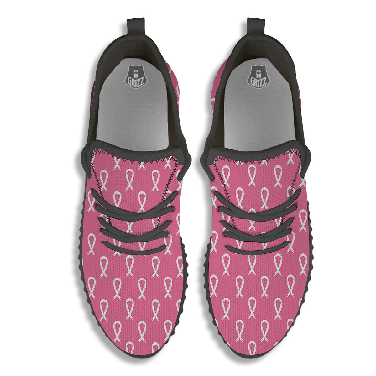 Breast Cancer Pink And White Print Pattern Black Walking Shoes-grizzshop
