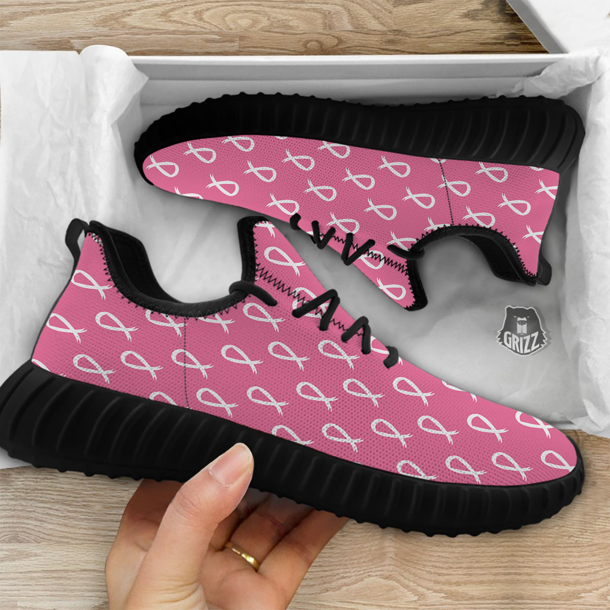 Breast Cancer Pink And White Print Pattern Black Walking Shoes-grizzshop