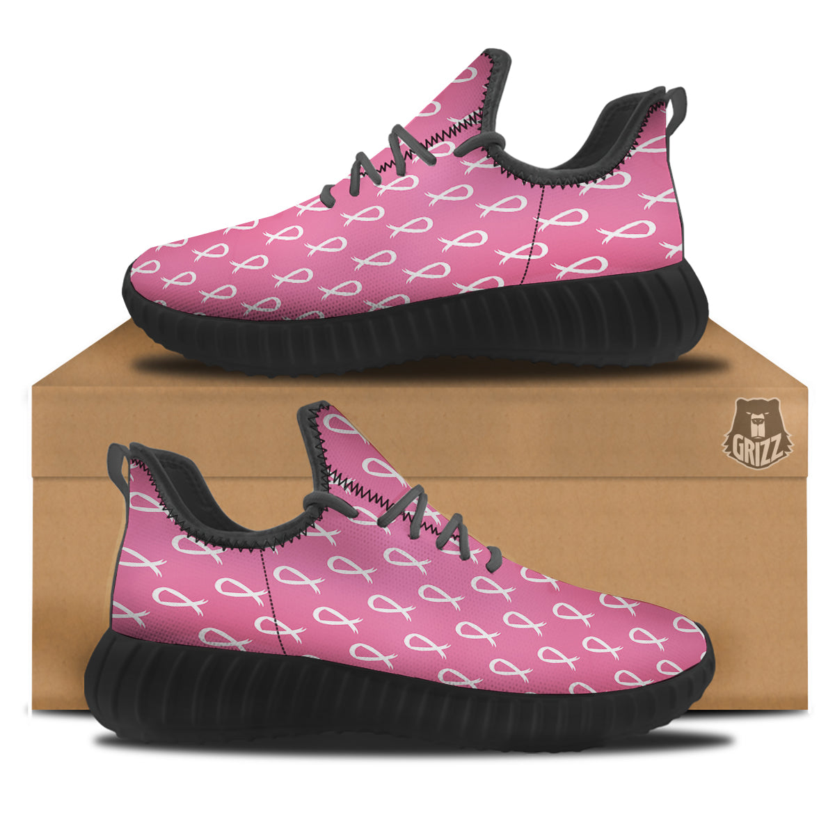 Breast Cancer Pink And White Print Pattern Black Walking Shoes-grizzshop
