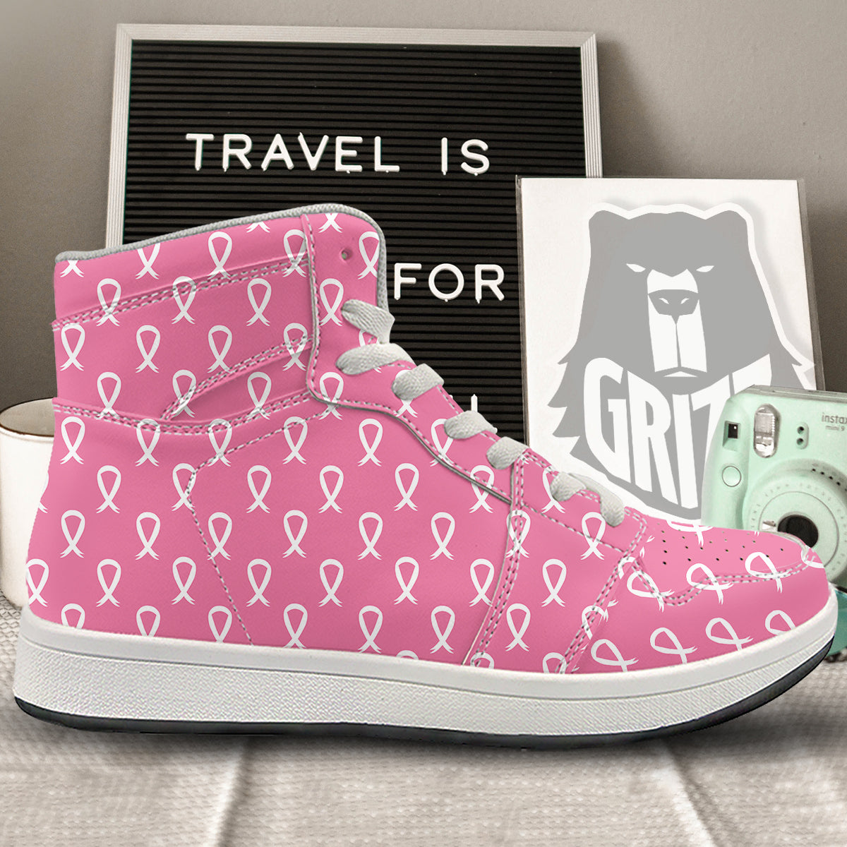 Breast Cancer Pink And White Print Pattern High Top Sneakers-grizzshop
