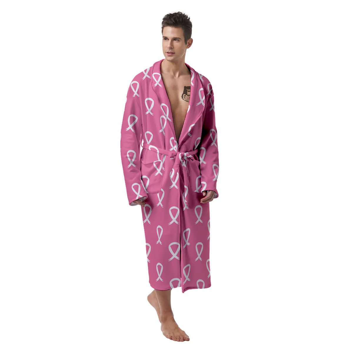 Breast Cancer Pink And White Print Pattern Men's Robe-grizzshop
