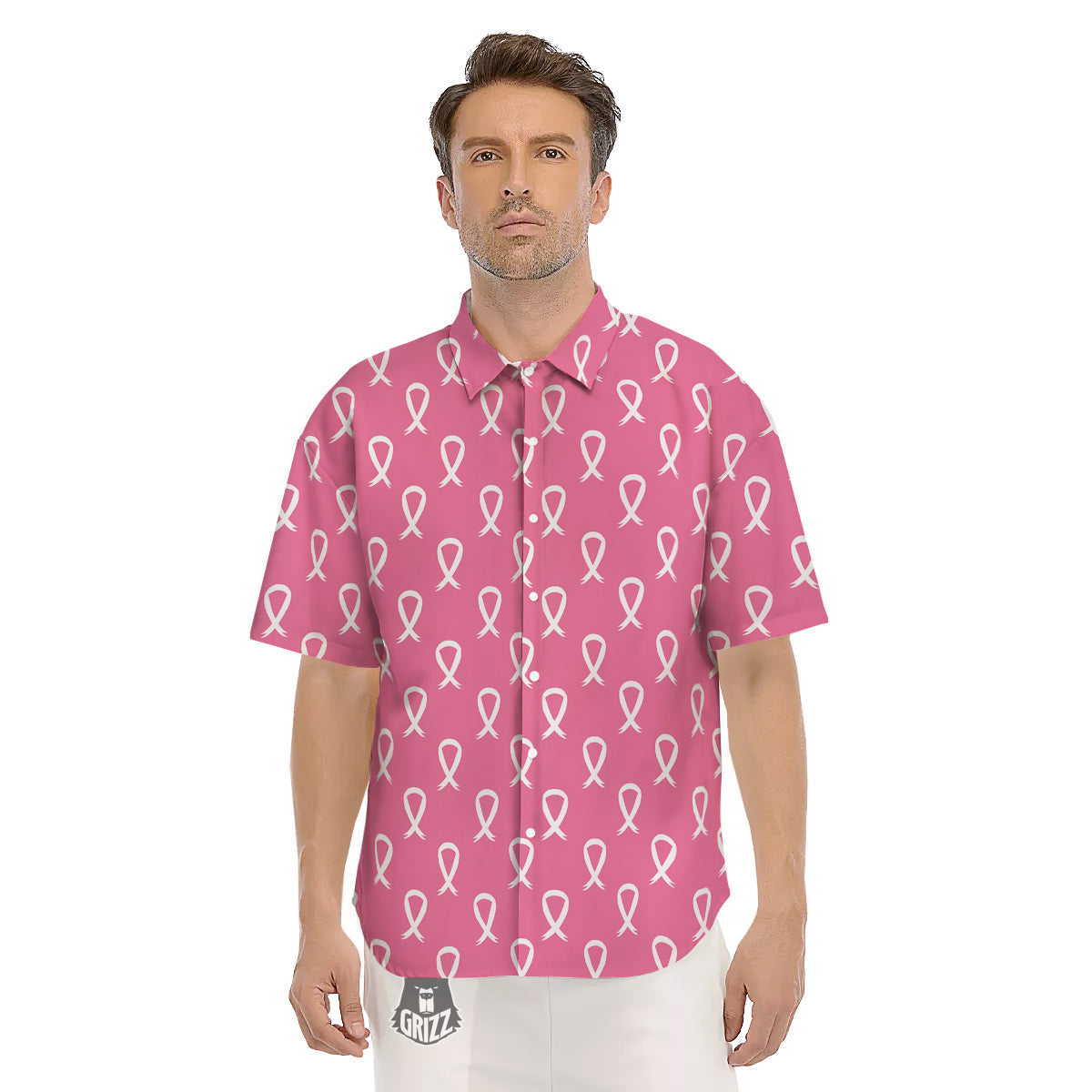 Breast Cancer Pink And White Print Pattern Men's Short Sleeve Shirts-grizzshop