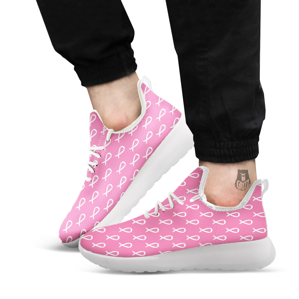 Breast Cancer Pink And White Print Pattern White Athletic Shoes-grizzshop