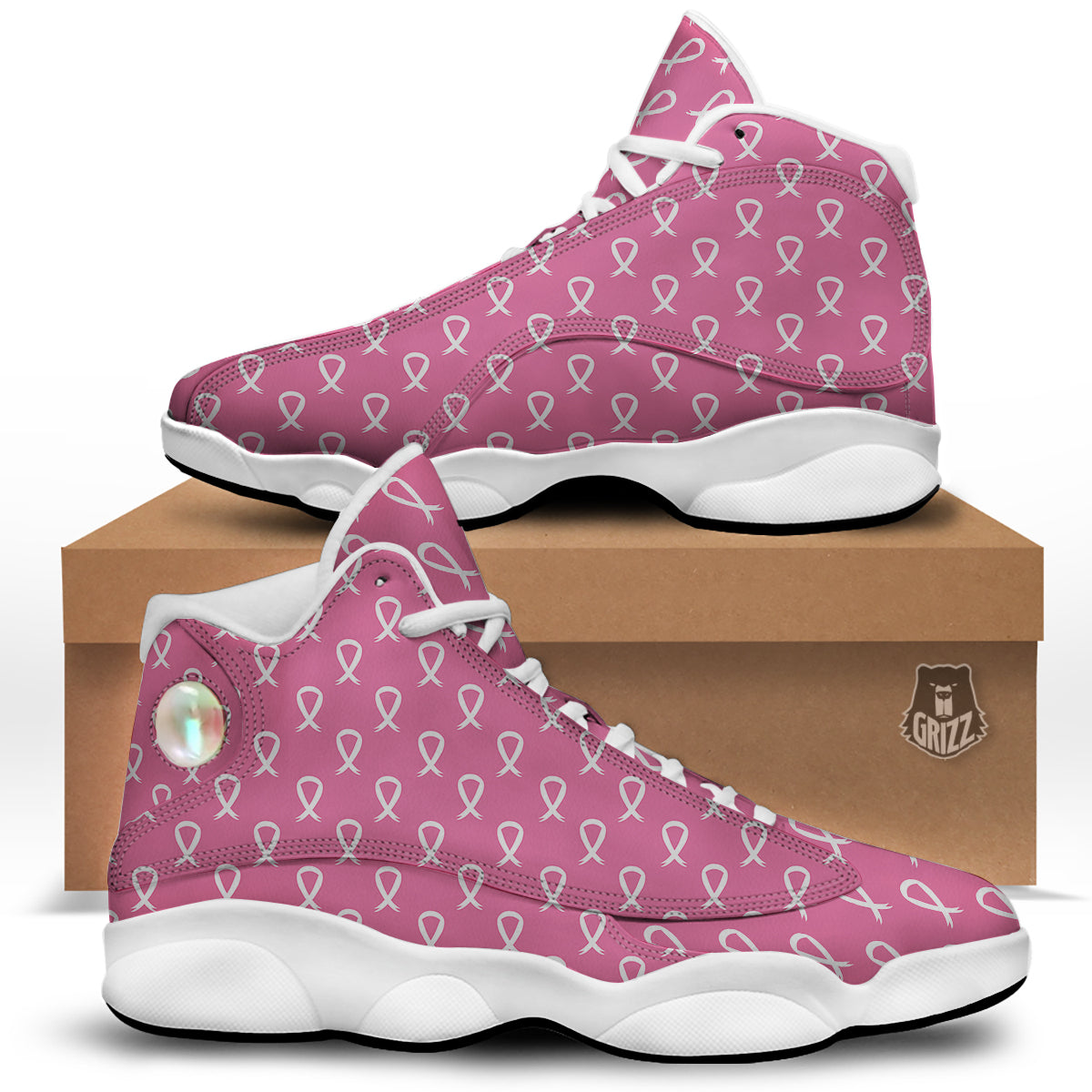 Breast Cancer Pink And White Print Pattern White Basketball Shoes-grizzshop