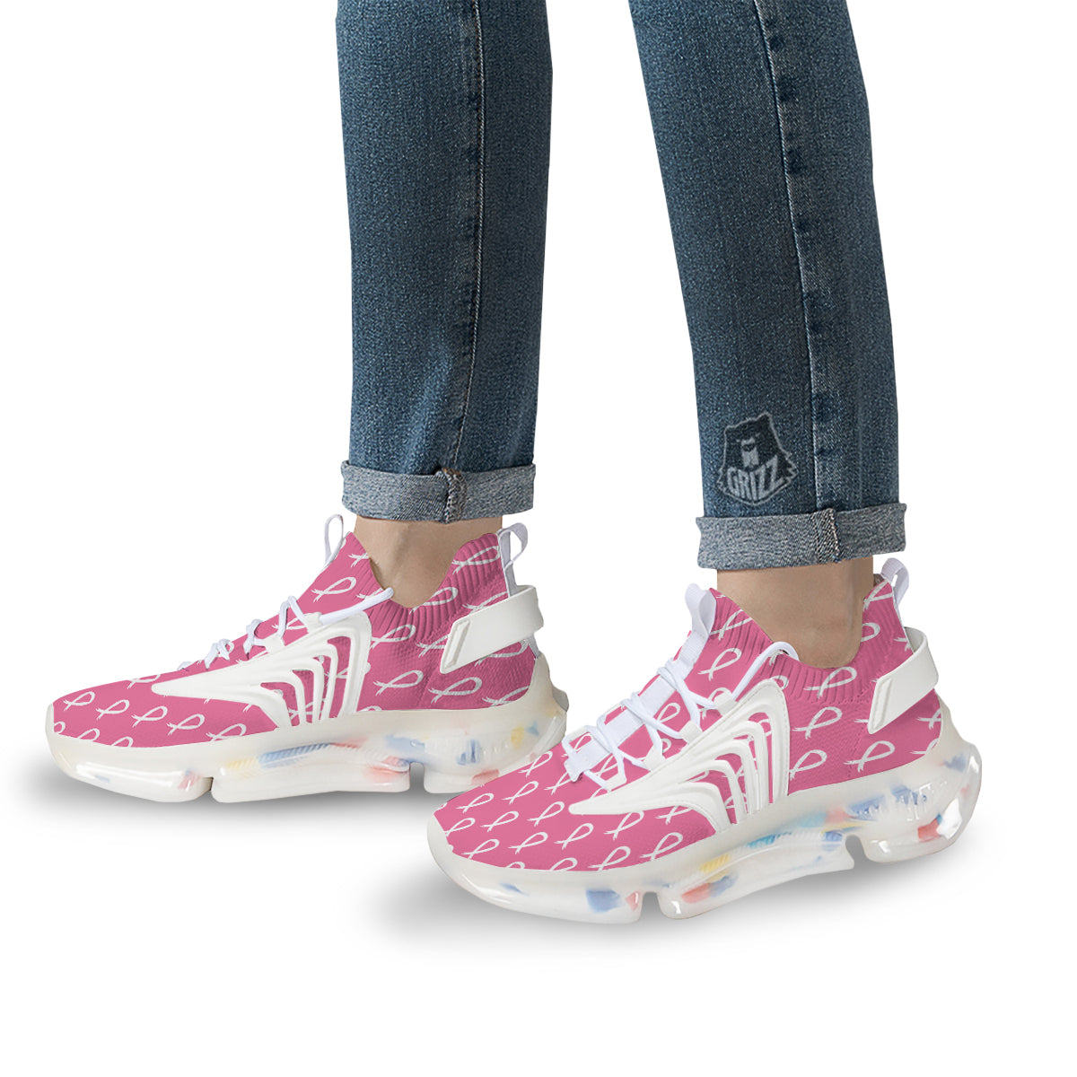 Breast Cancer Pink And White Print Pattern White Gym Shoes-grizzshop