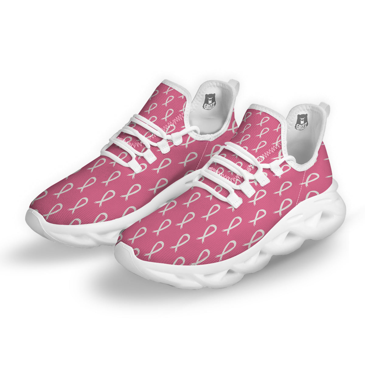 Breast Cancer Pink And White Print Pattern White Running Shoes-grizzshop