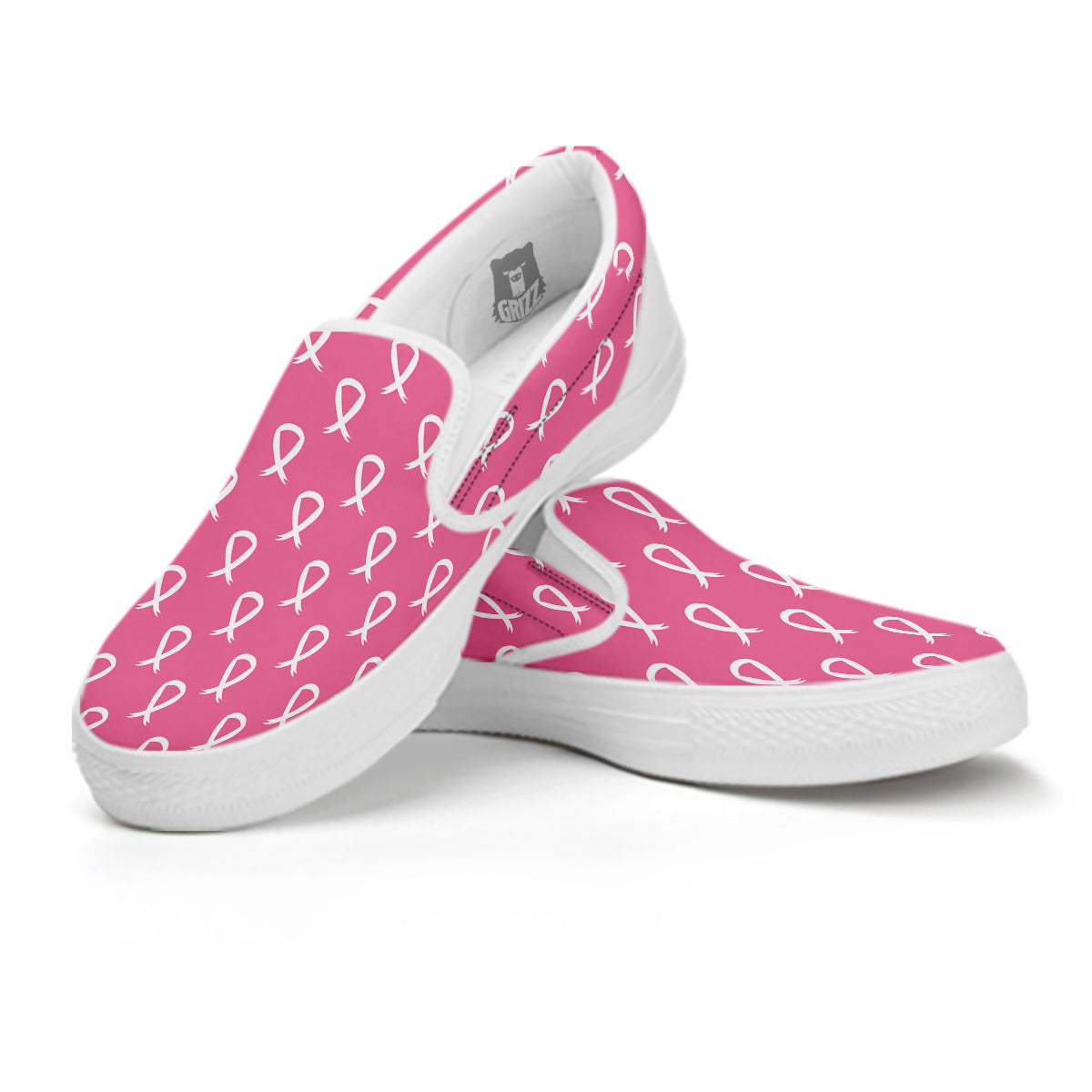 Breast Cancer Pink And White Print Pattern White Slip On Shoes-grizzshop