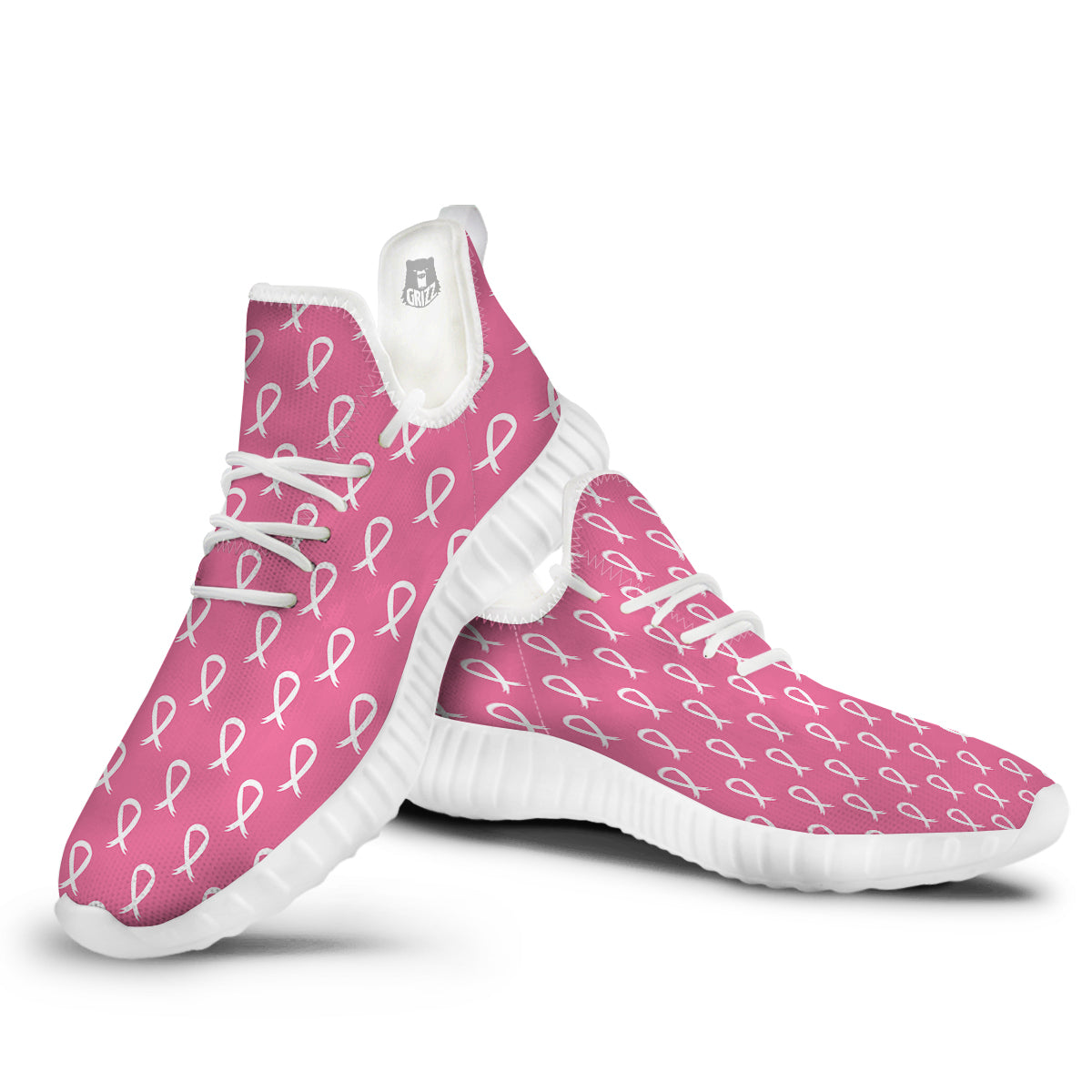 Breast Cancer Pink And White Print Pattern White Walking Shoes-grizzshop