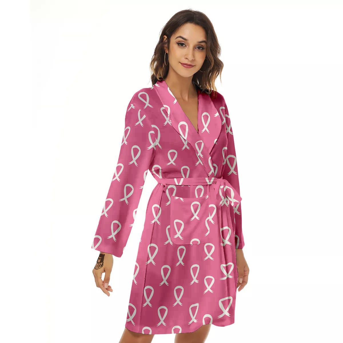 Breast Cancer Pink And White Print Pattern Women's Robe-grizzshop