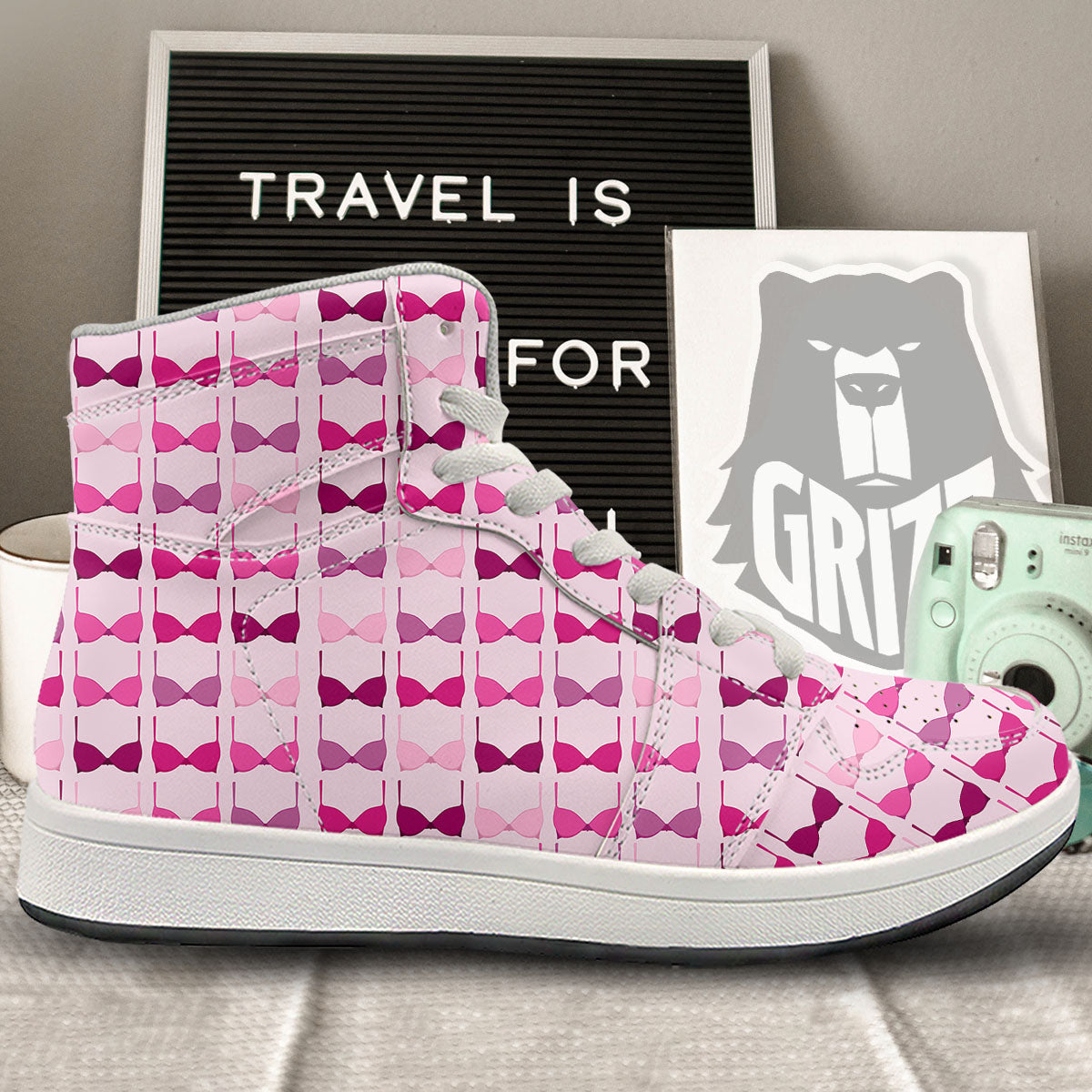 Breast Cancer Pink Bra Print Pattern High Top Sneakers-grizzshop