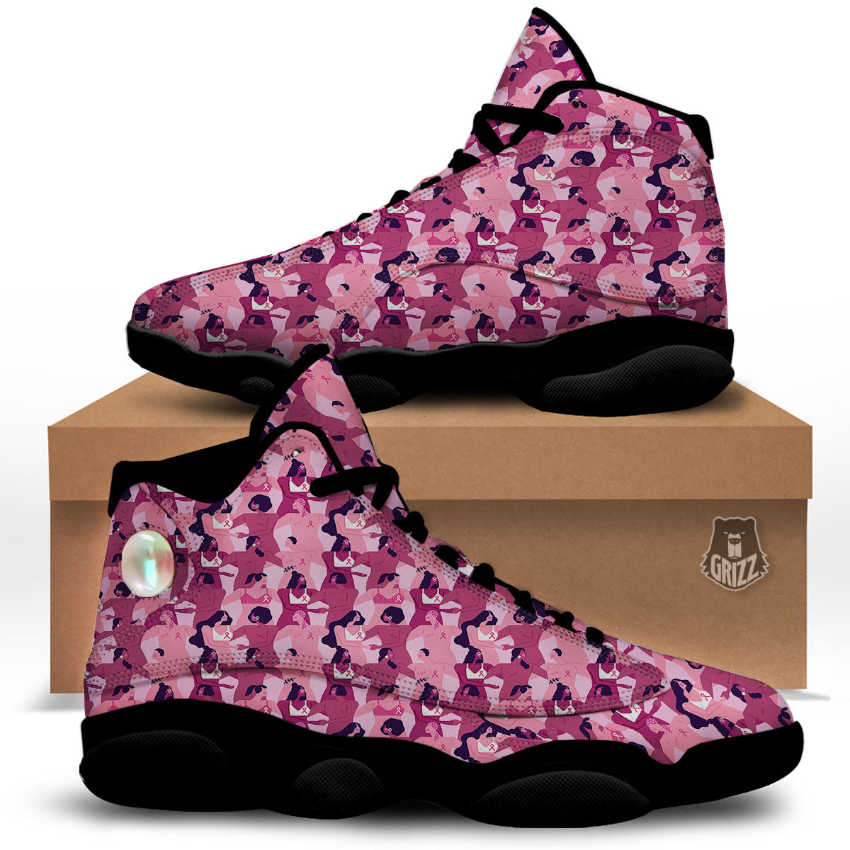Breast Cancer Pink Print Pattern Black Basketball Shoes-grizzshop