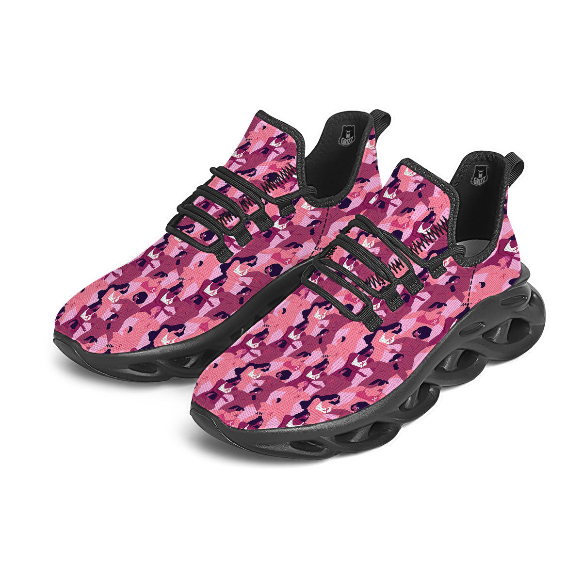 Breast Cancer Pink Print Pattern Black Running Shoes-grizzshop