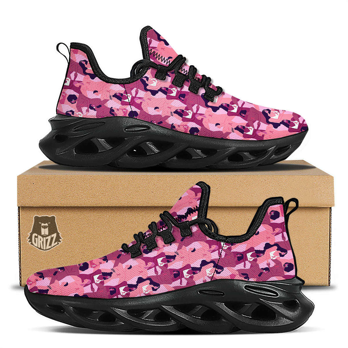 Breast Cancer Pink Print Pattern Black Running Shoes-grizzshop