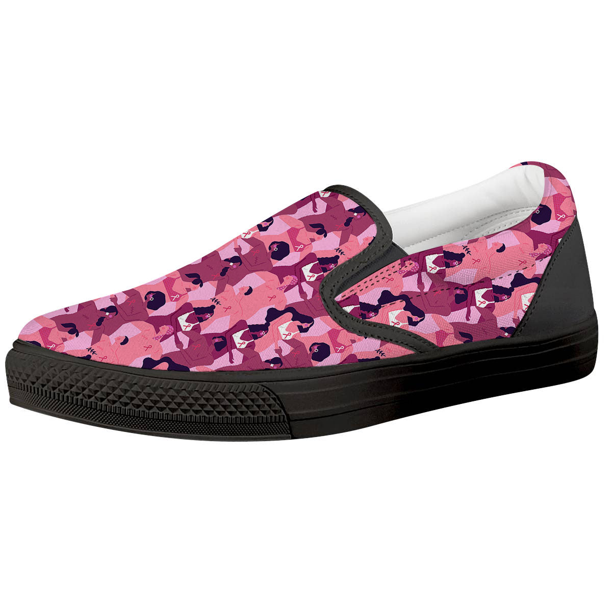 Breast Cancer Pink Print Pattern Black Slip On Shoes-grizzshop
