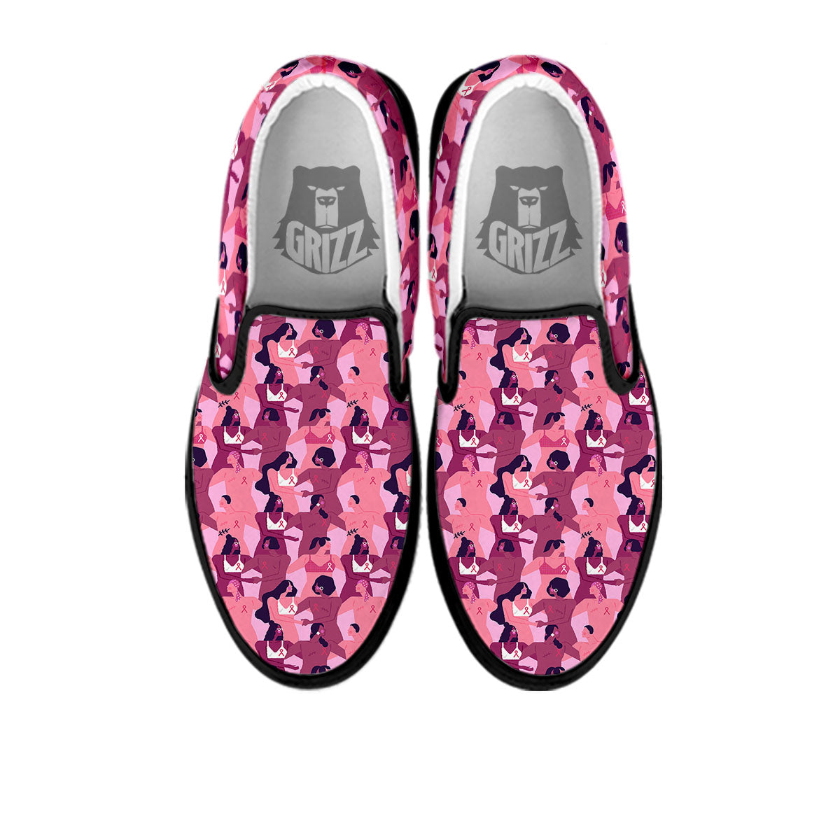Breast Cancer Pink Print Pattern Black Slip On Shoes-grizzshop