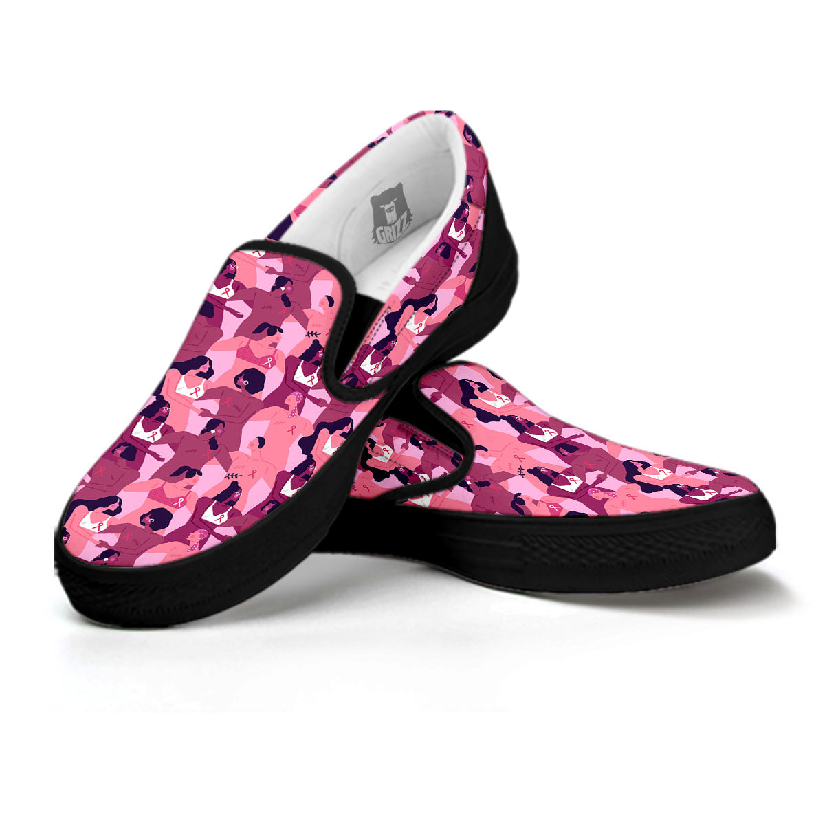 Breast Cancer Pink Print Pattern Black Slip On Shoes-grizzshop
