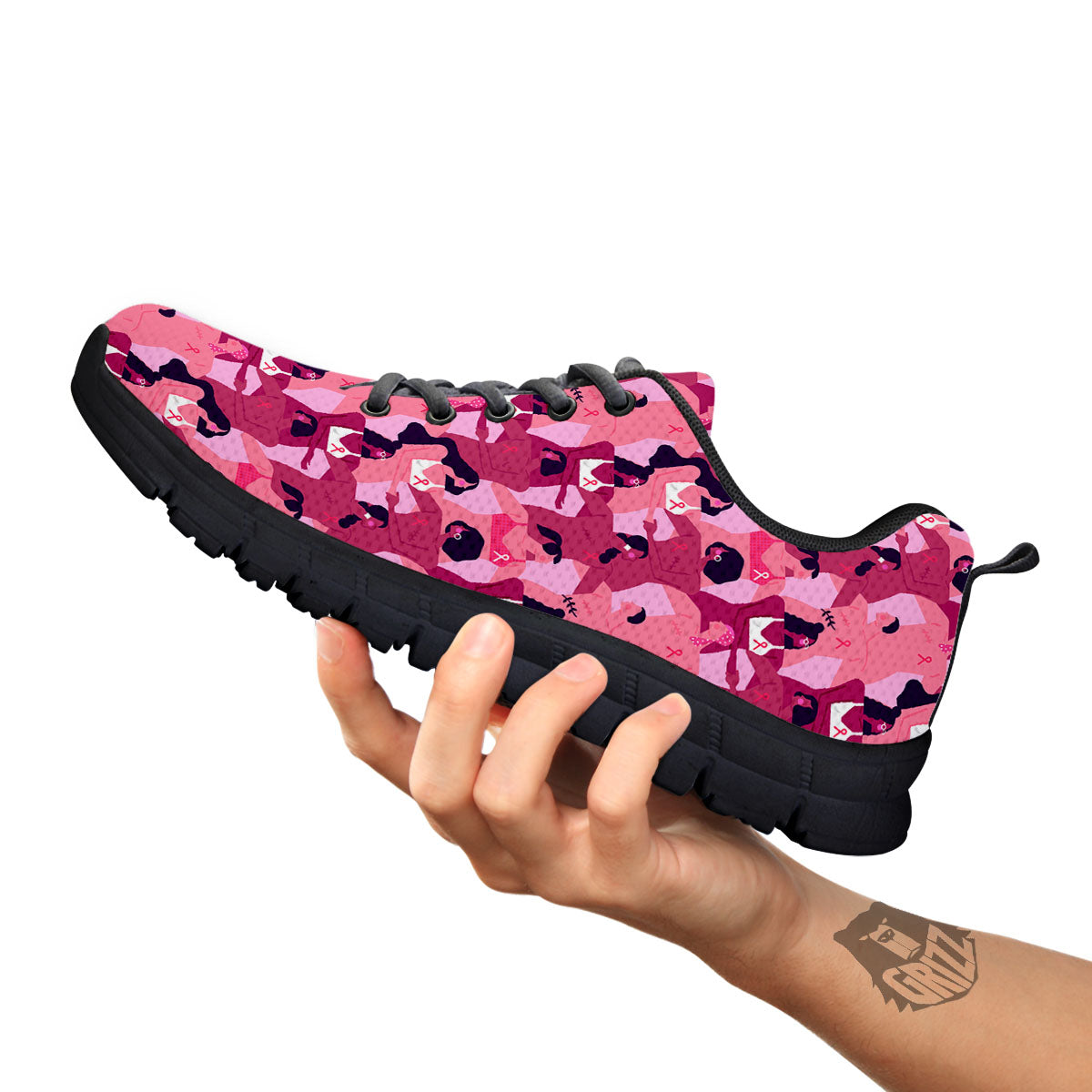 Breast Cancer Pink Print Pattern Black Sneaker-grizzshop