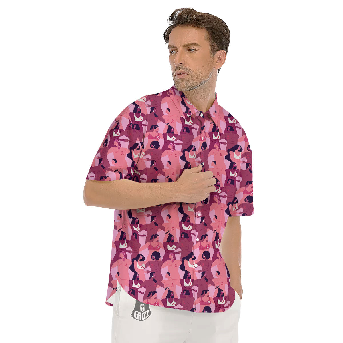 Breast Cancer Pink Print Pattern Men's Short Sleeve Shirts-grizzshop