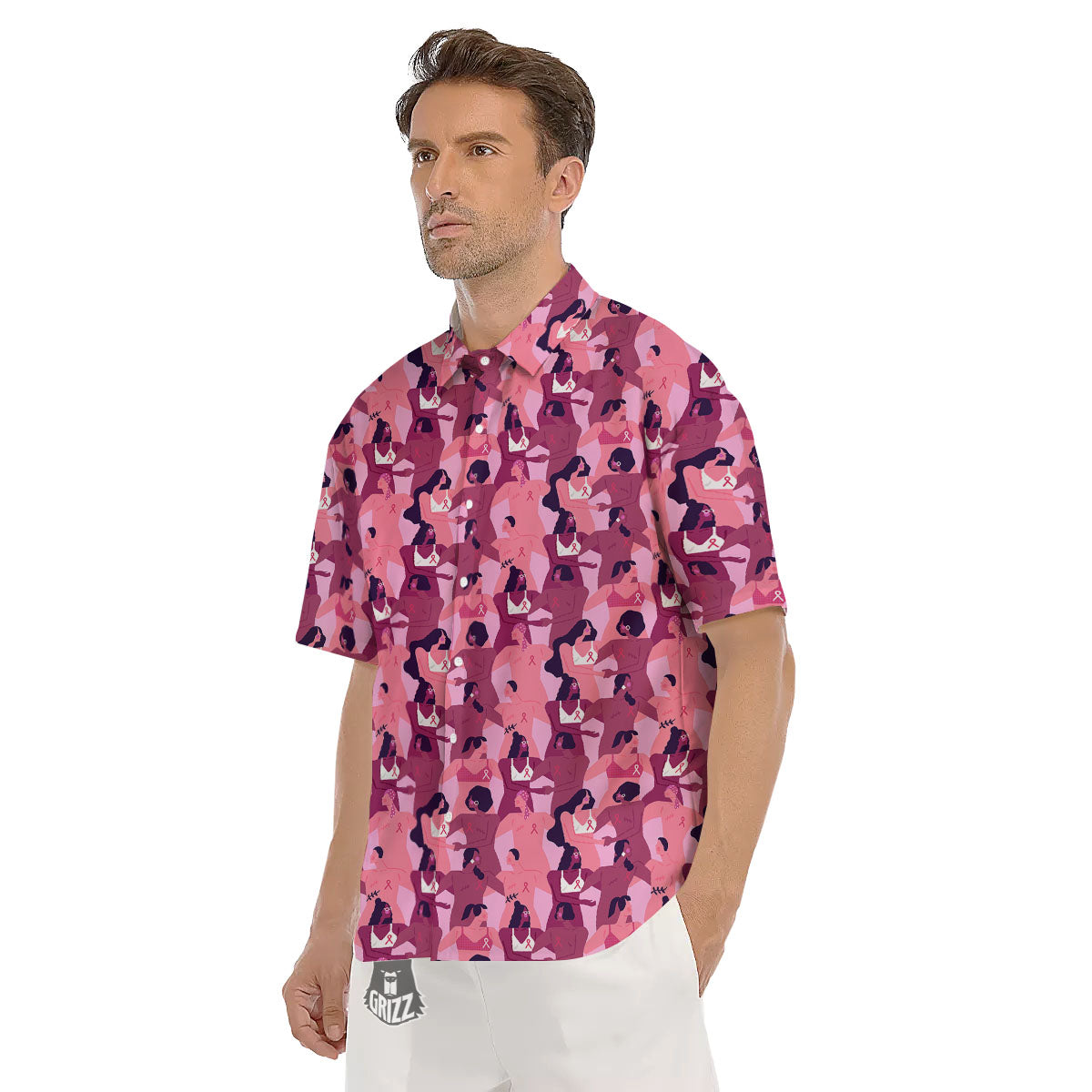 Breast Cancer Pink Print Pattern Men's Short Sleeve Shirts-grizzshop