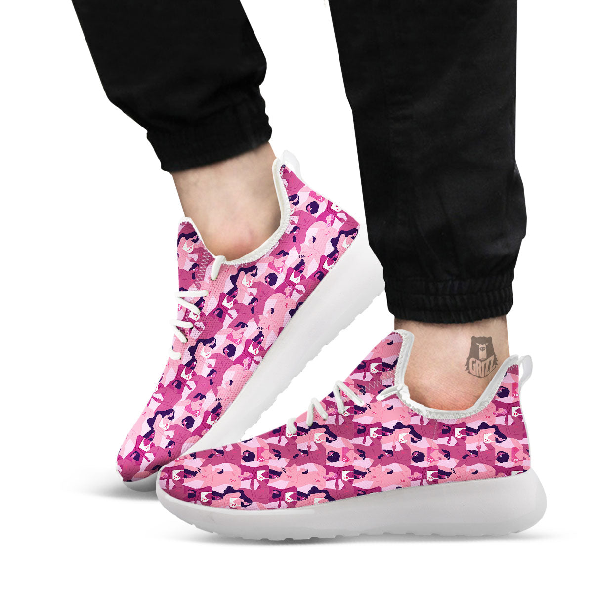 Breast Cancer Pink Print Pattern White Athletic Shoes-grizzshop