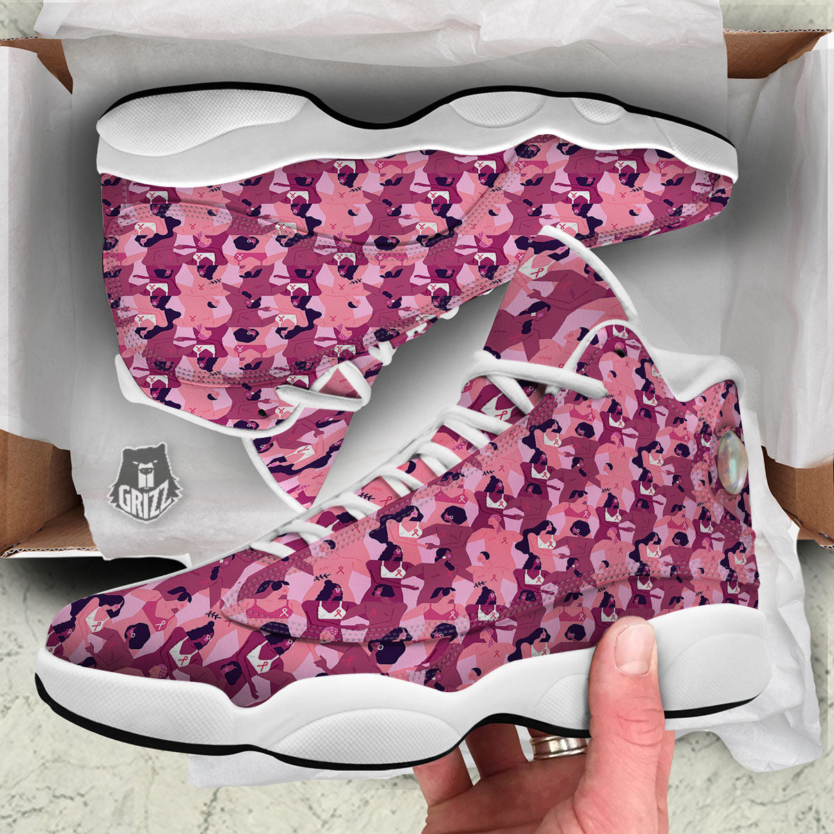 Breast Cancer Pink Print Pattern White Basketball Shoes-grizzshop