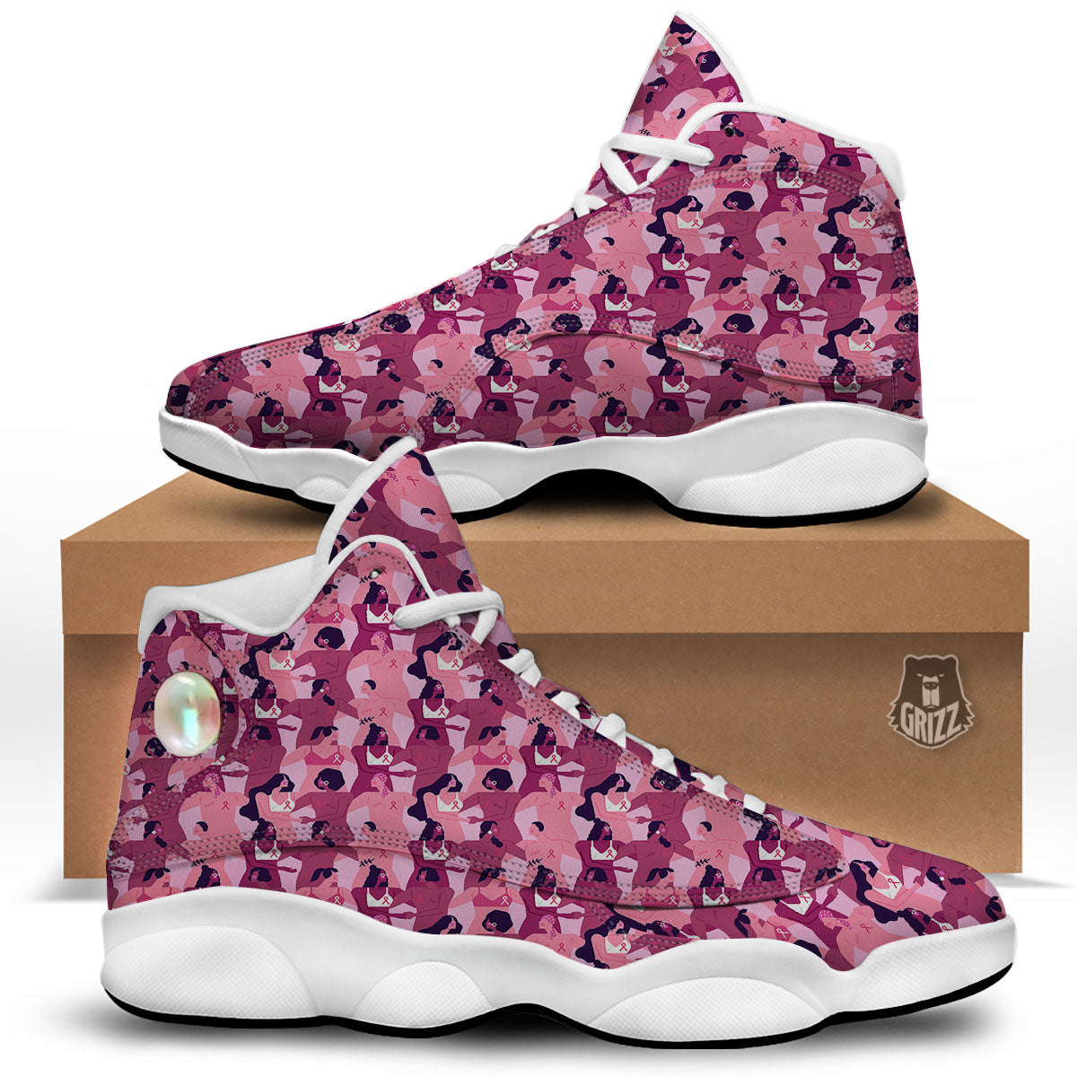 Breast Cancer Pink Print Pattern White Basketball Shoes-grizzshop