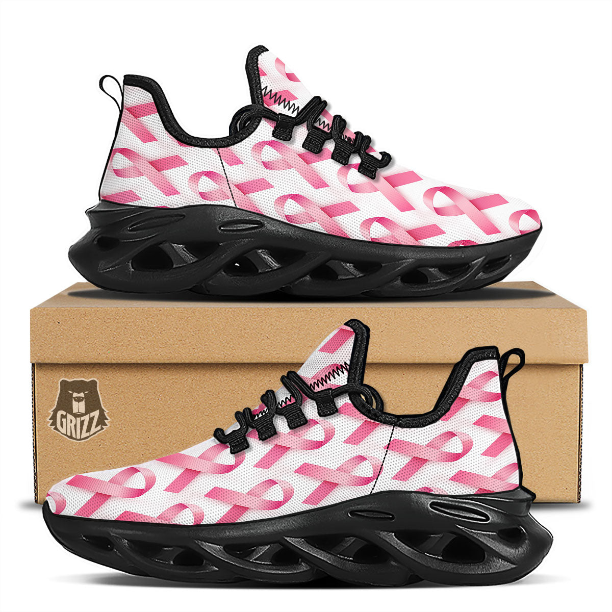 Breast Cancer Pink Ribbon Print Pattern Black Running Shoes-grizzshop