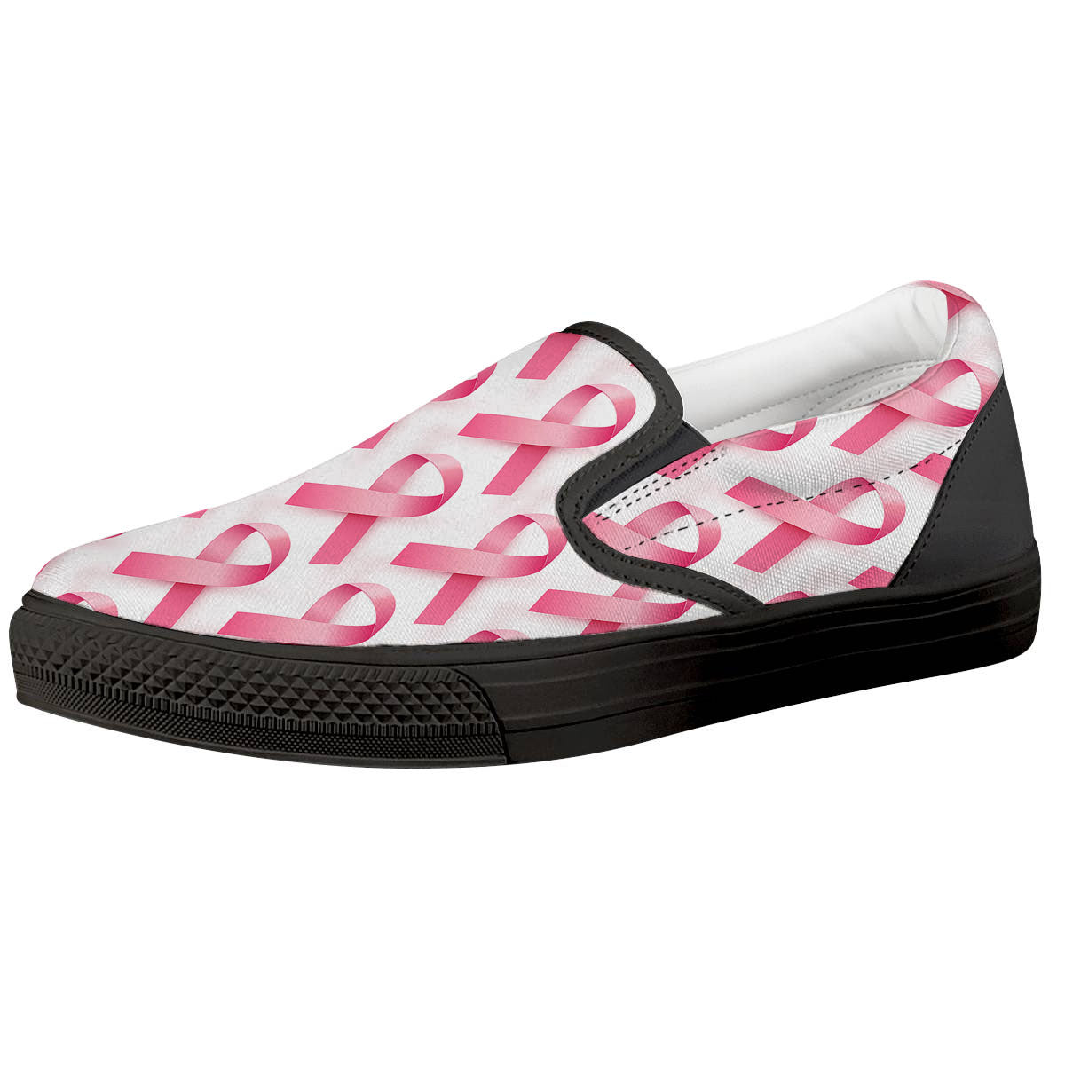 Breast Cancer Pink Ribbon Print Pattern Black Slip On Shoes-grizzshop