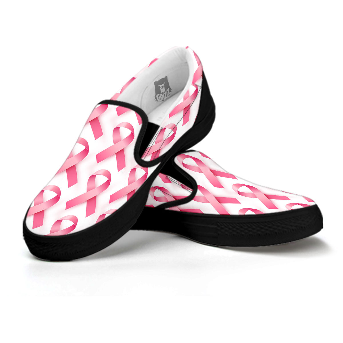 Breast Cancer Pink Ribbon Print Pattern Black Slip On Shoes-grizzshop