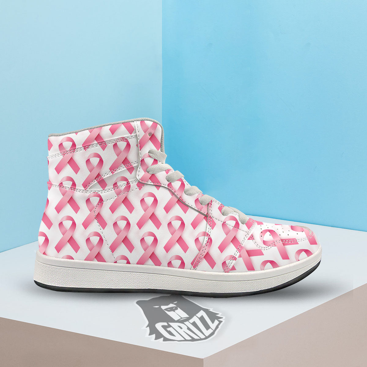 Breast Cancer Pink Ribbon Print Pattern High Top Sneakers-grizzshop