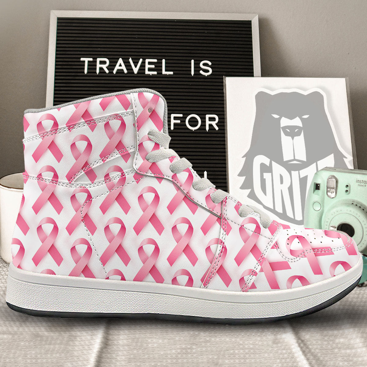 Breast Cancer Pink Ribbon Print Pattern High Top Sneakers-grizzshop
