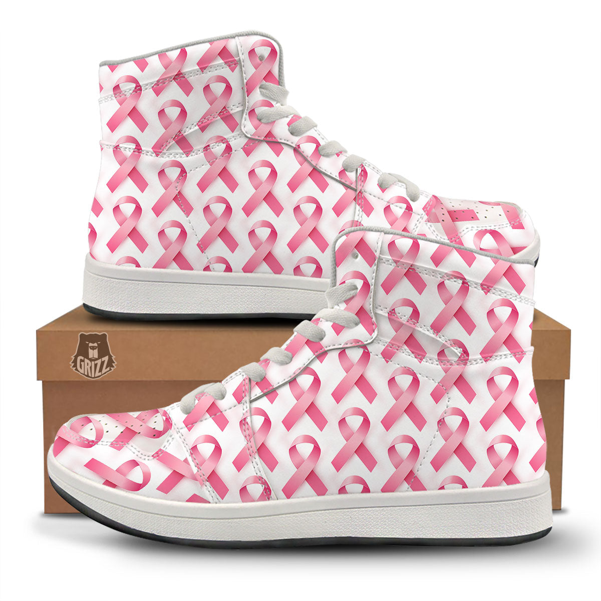 Breast Cancer Pink Ribbon Print Pattern High Top Sneakers-grizzshop