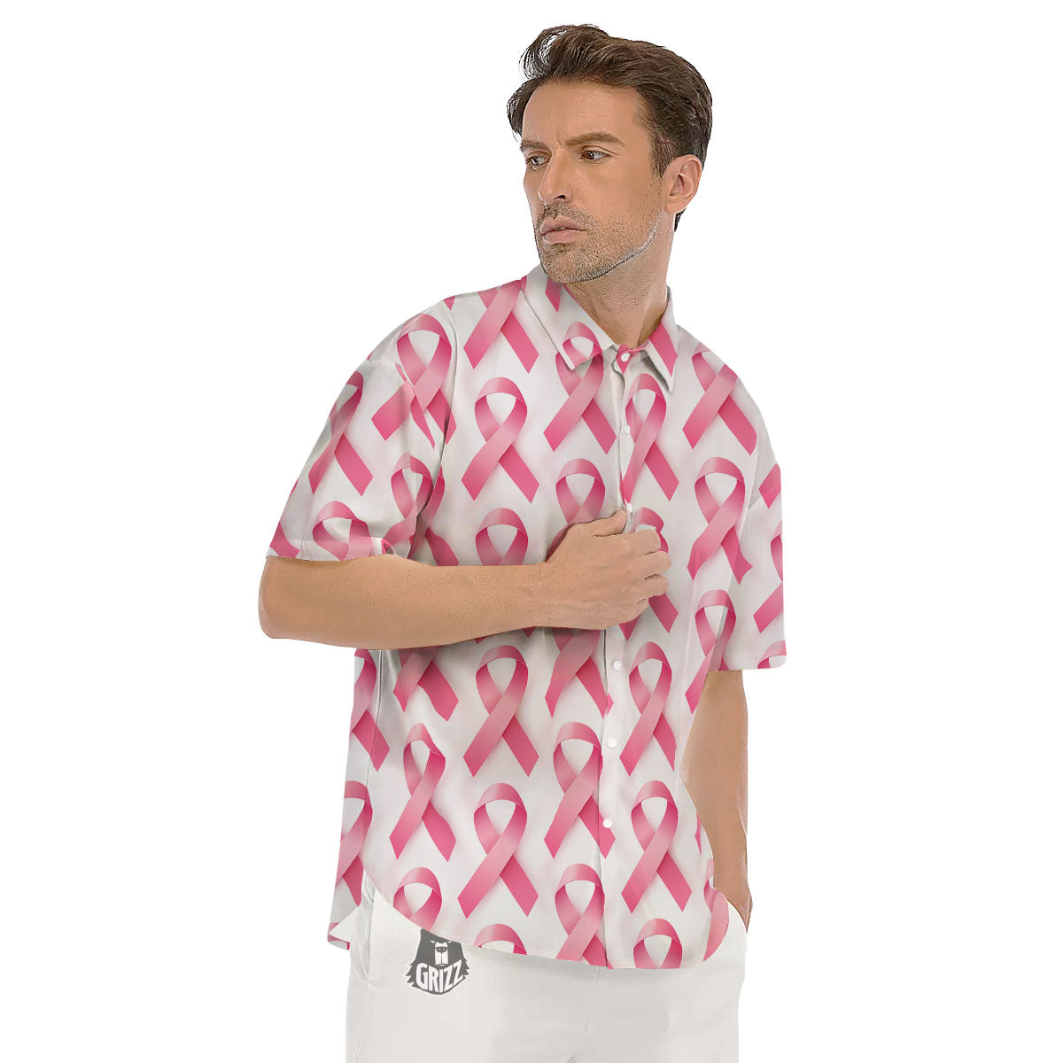 Breast Cancer Pink Ribbon Print Pattern Men's Short Sleeve Shirts-grizzshop