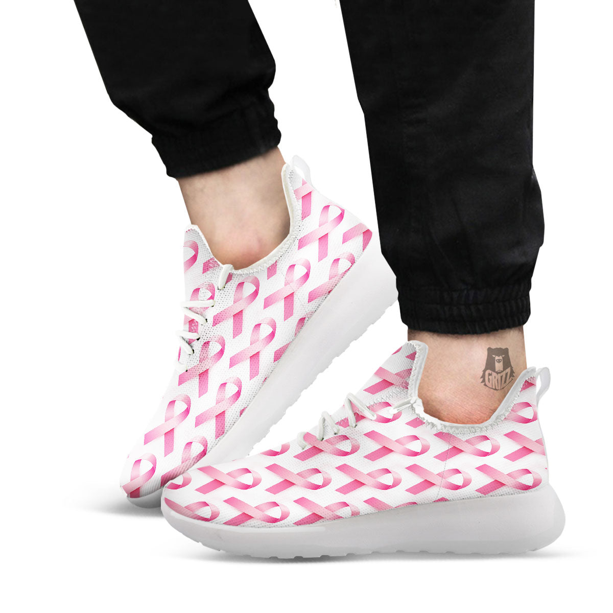 Breast Cancer Pink Ribbon Print Pattern White Athletic Shoes-grizzshop