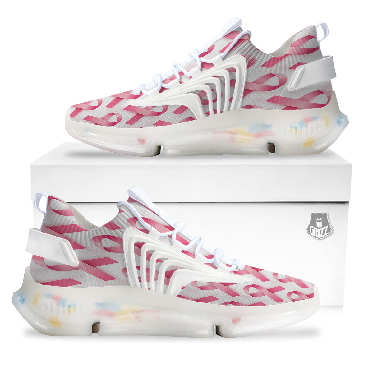 Breast Cancer Pink Ribbon Print Pattern White Gym Shoes-grizzshop