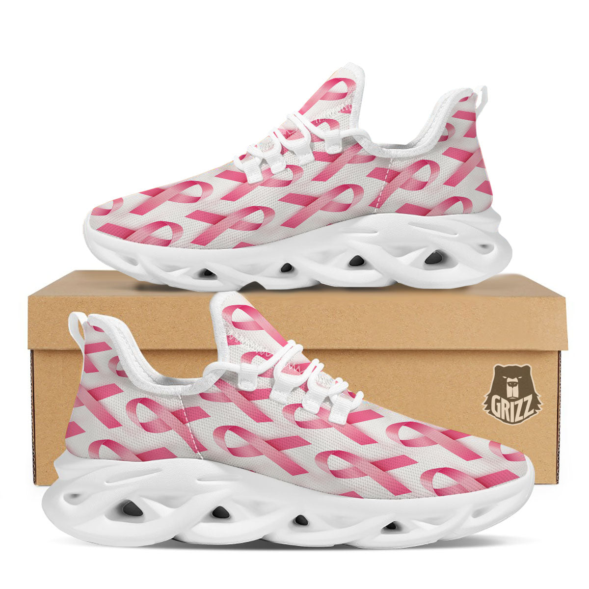 Breast Cancer Pink Ribbon Print Pattern White Running Shoes-grizzshop
