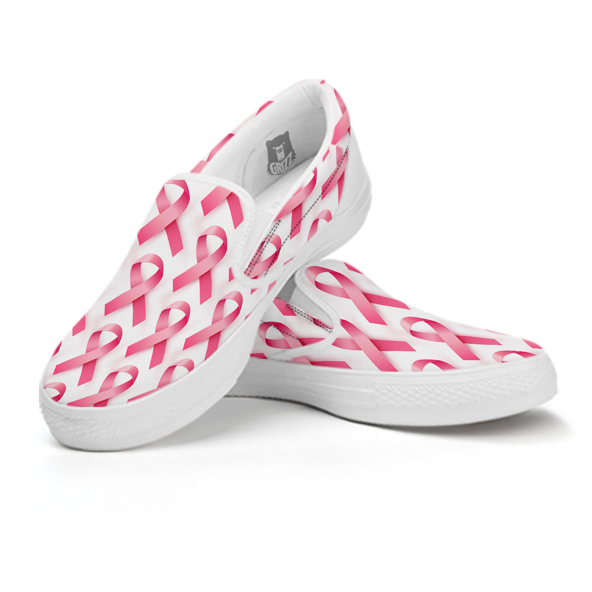 Breast Cancer Pink Ribbon Print Pattern White Slip On Shoes-grizzshop