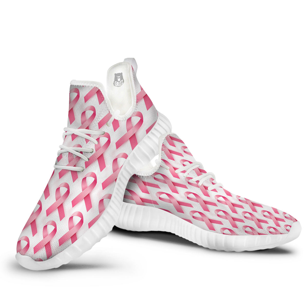 Breast Cancer Pink Ribbon Print Pattern White Walking Shoes-grizzshop